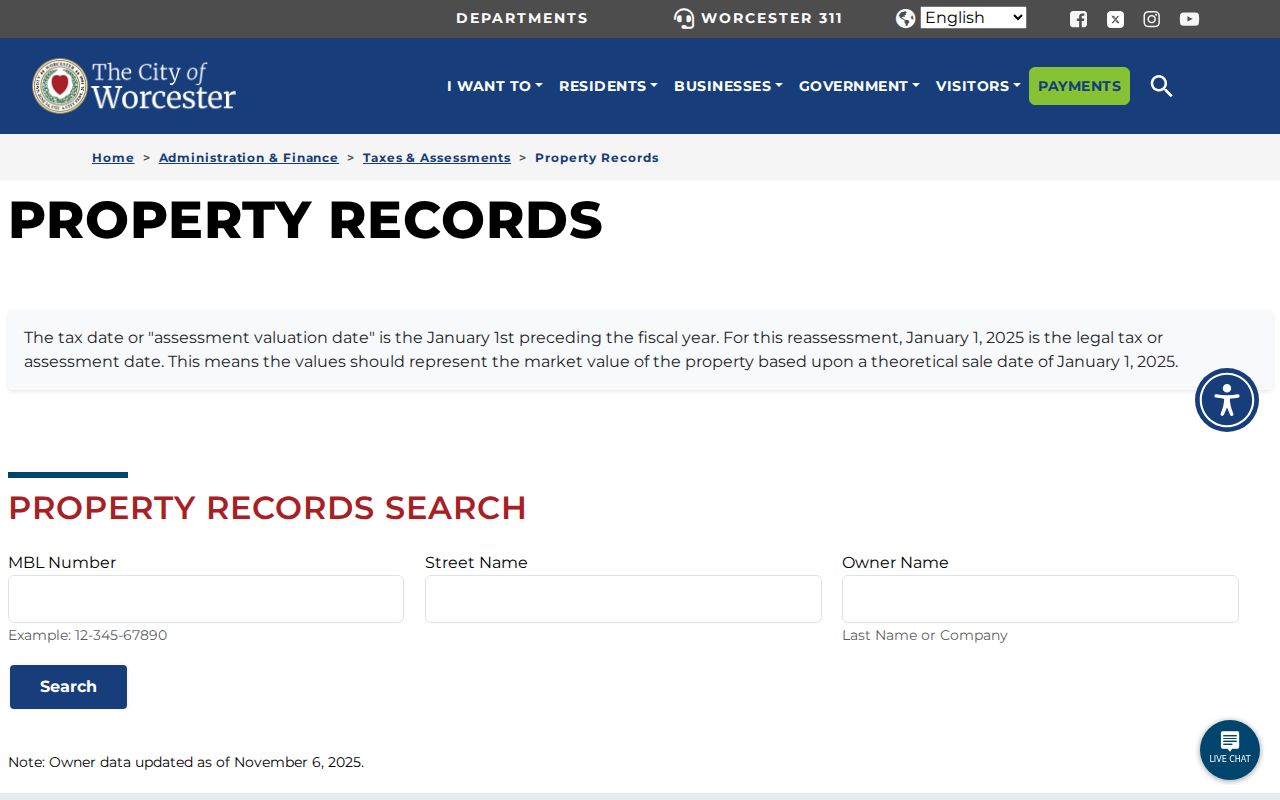 Worcester street directory assessor search by MBL street name and owner
