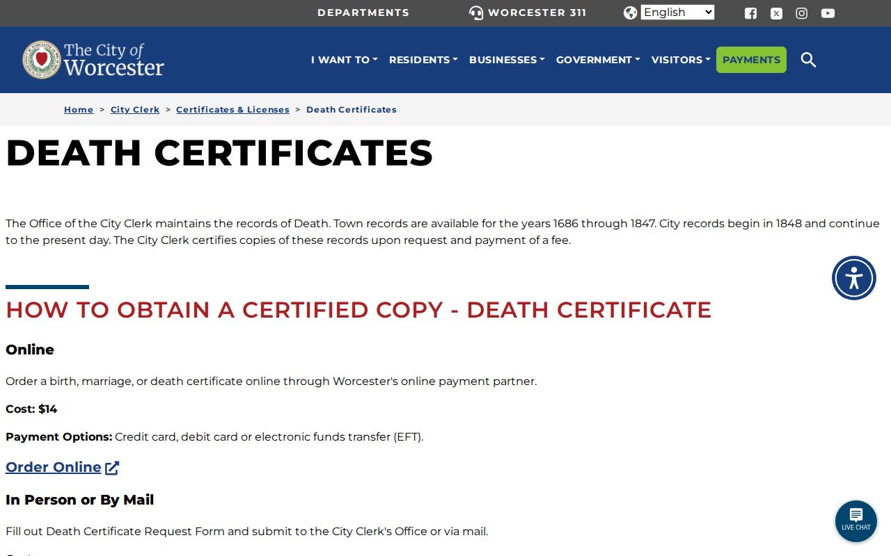 Worcester residents directory city death index search fields