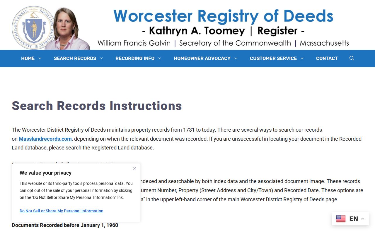 Worcester previous residents Registry deed search instructions