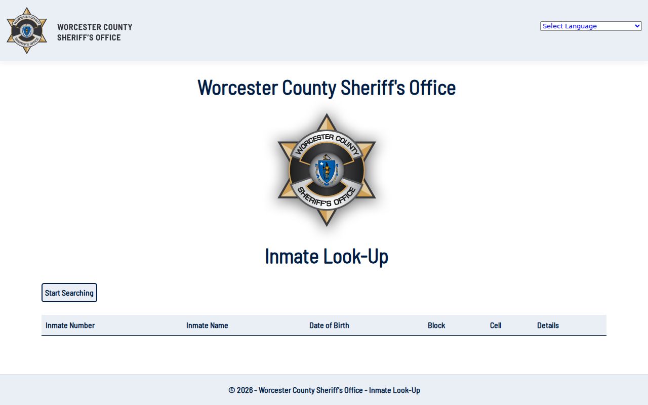 Worcester resident lookup view of the Worcester County Sheriff inmate search