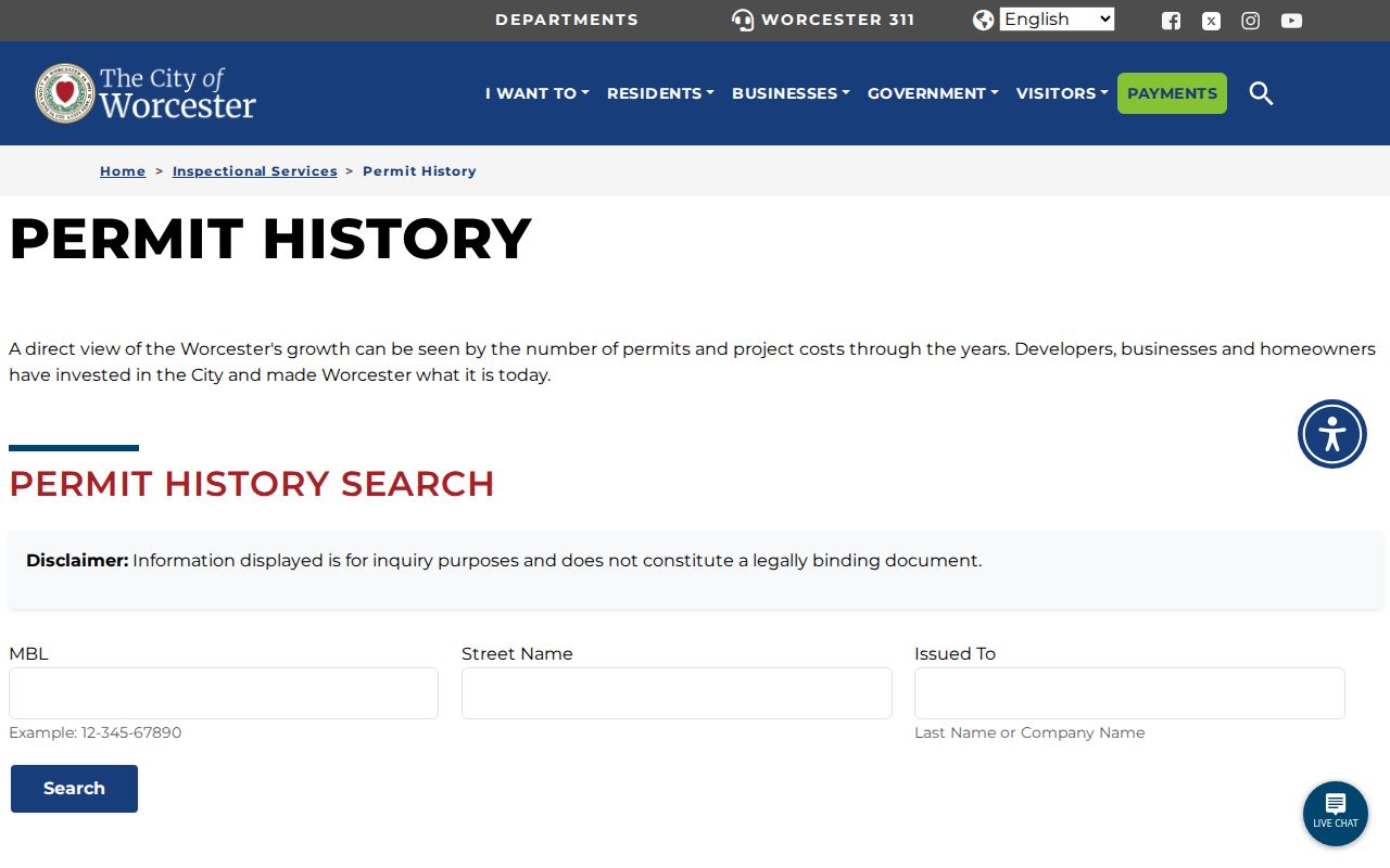 Worcester street directory permit history search by MBL street and issued to