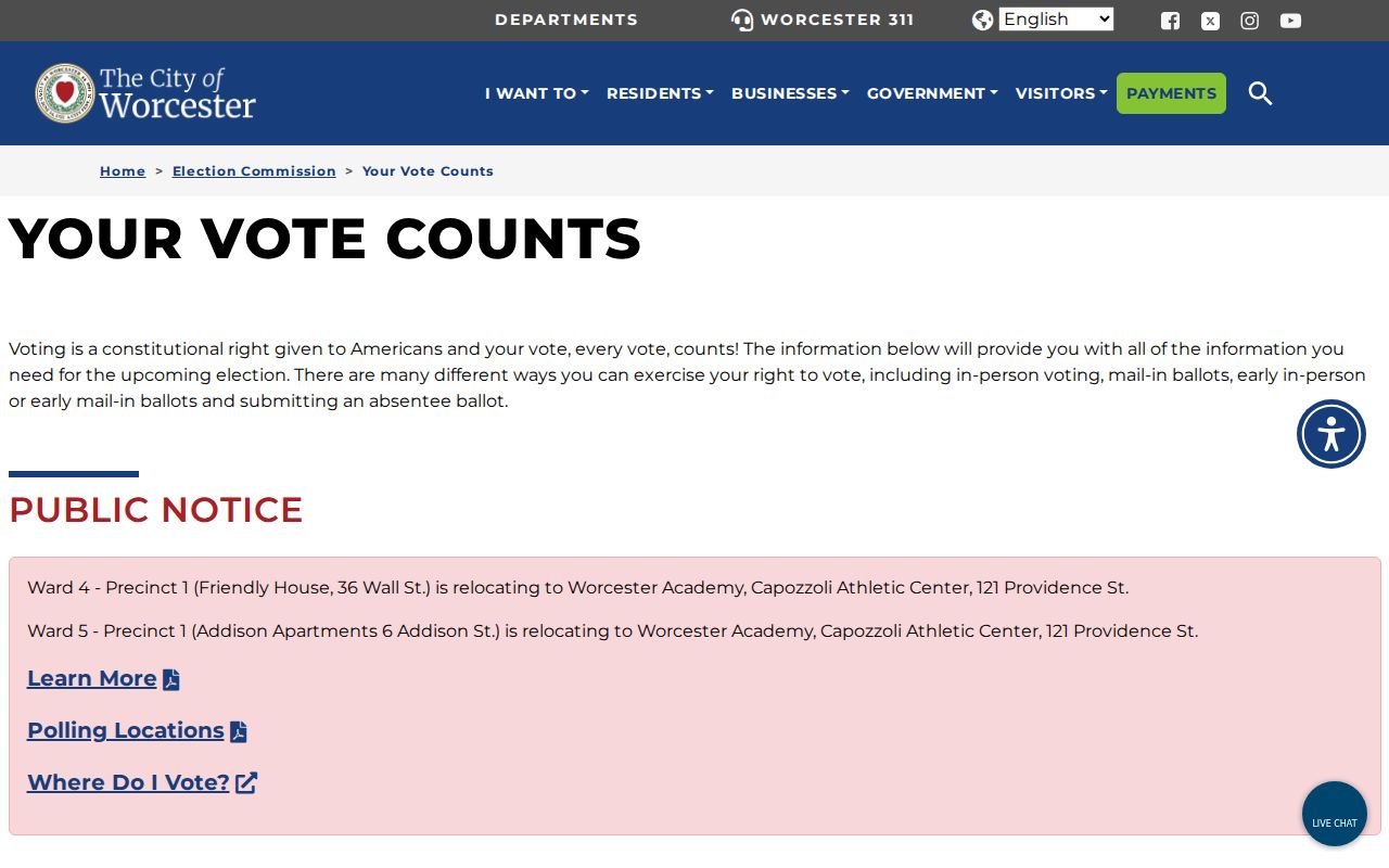 Worcester residents directory voter lookup on the city elections page